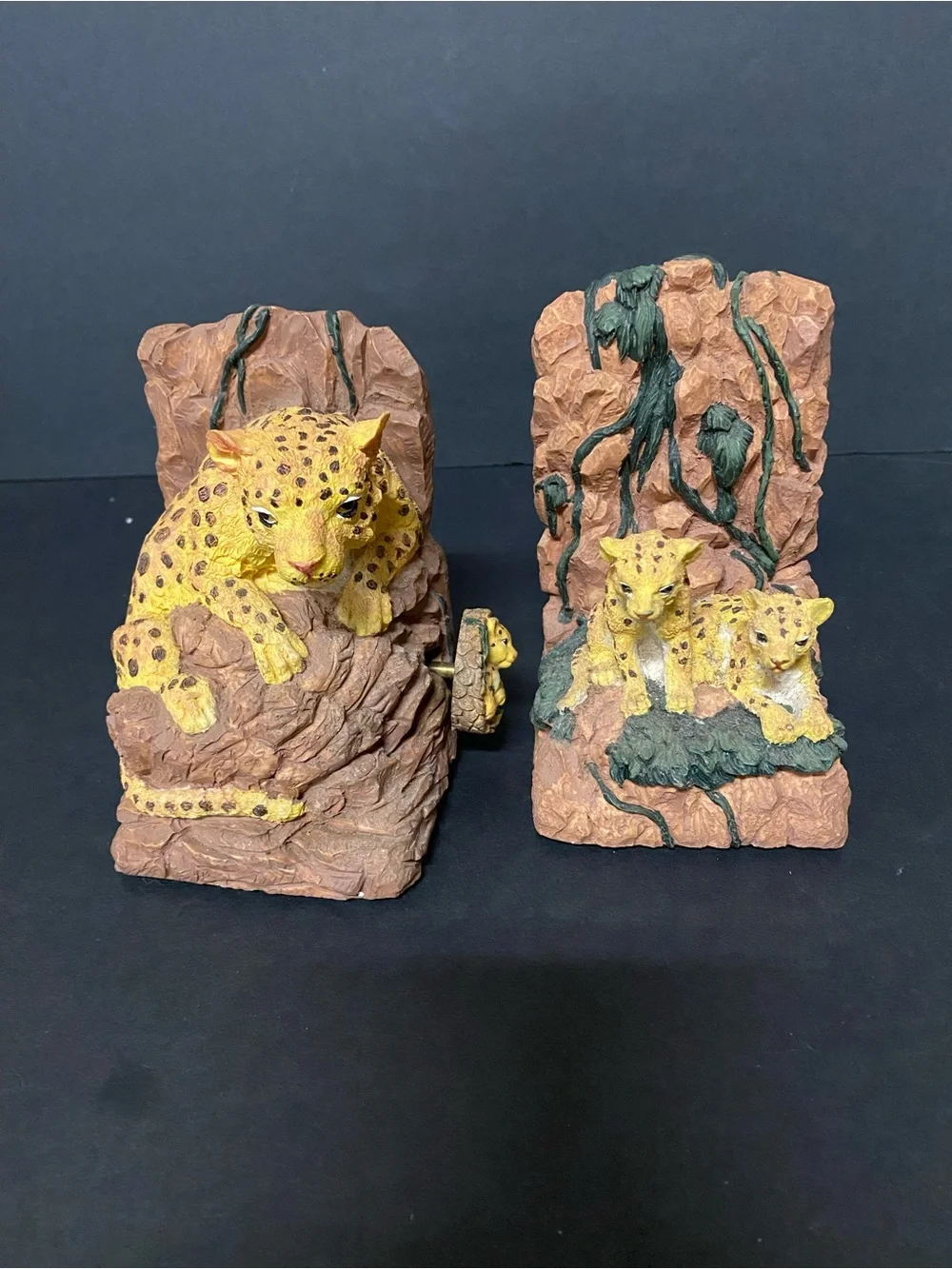 Vintage Wildlife Leopard Figurine with built in music box Bookends - Yellow